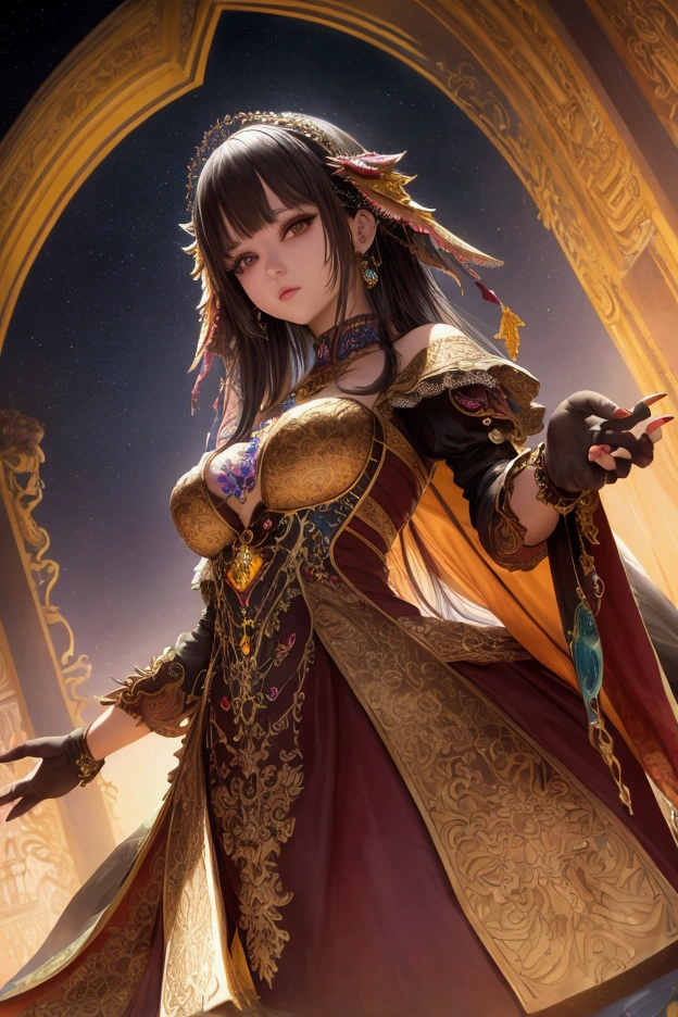 Vivid colors, masterpiece, ((HDR)), absurd, intricate details, sharp focus, depth of field, dramatic lighting, mature woman, careless bangs, shiny mechanical body, beautifully lit limbs, beautiful fingertips