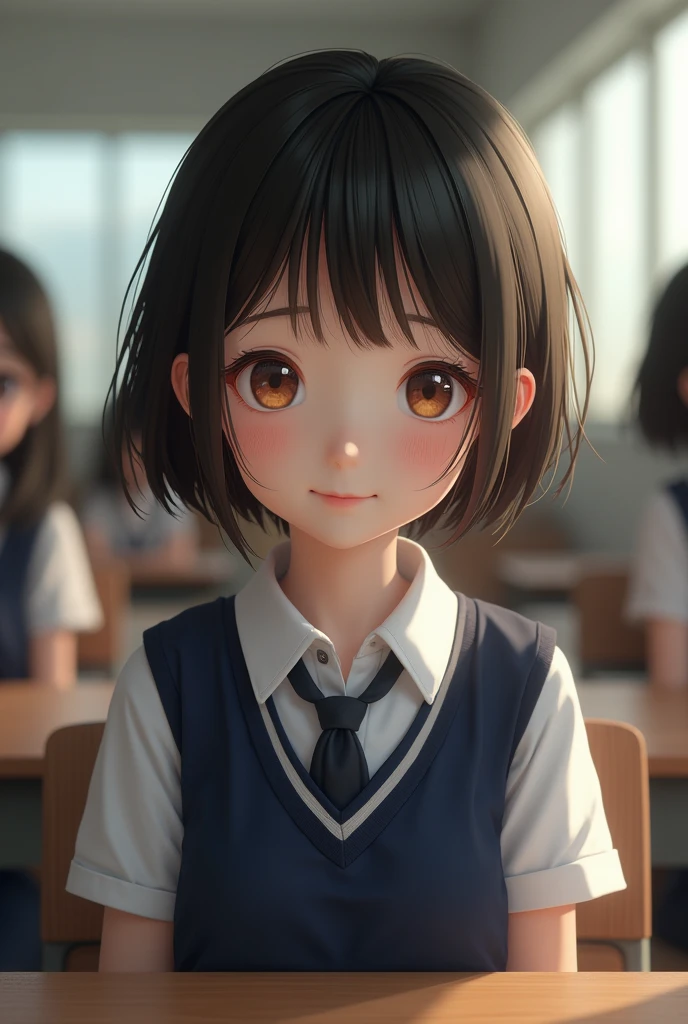 best quality, face focus, soft light, ultra high res, (photorealistic:1.4), RAW photo, 1japanese girl, solo, cute, (shy smile:0.5), (brown eyes, lights in the eyes), detailed beautiful face, (small chest),(high resolution detail of human skin texture), (short bob hair), BREAK, in classroom,navy school uniform, vest, skirt