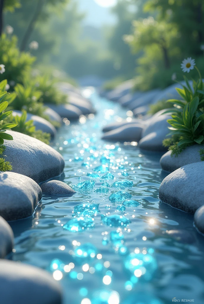A beautiful stream full of crystals surrounded by white stones
