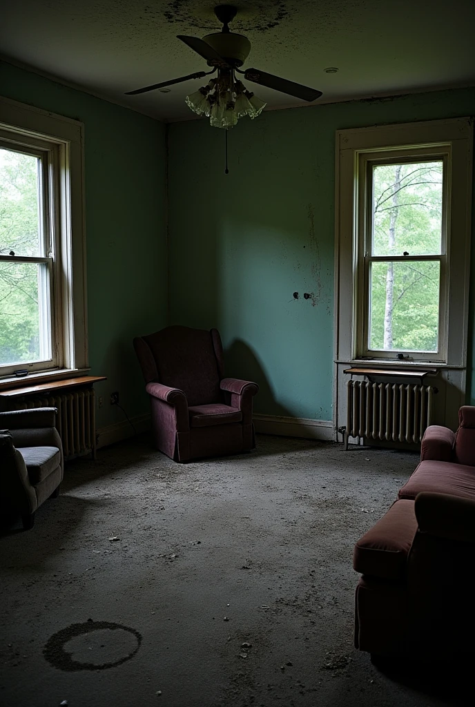 Living room of an abandoned house, It's dark outside, the environment is very dirty,