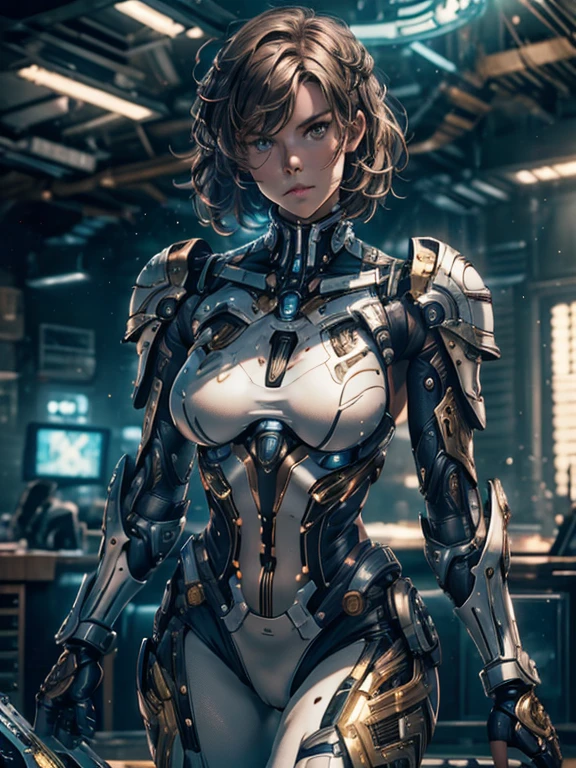 masterpiece, best quality, ultra realistic, hyper-detailed, 8k resolution, RAW photo, champion, sharp focus, Lauren Cohan, (1girl), solo, gorgeous face, perfect body, young female, 25yo, portrait, mecha, white armor, nanosuit, sexy, golden brown messy hair, round breasts, wide hips, slim athletic body, thick thighs, cinematic, cinematic light, dark theme, "looking at the viewer"