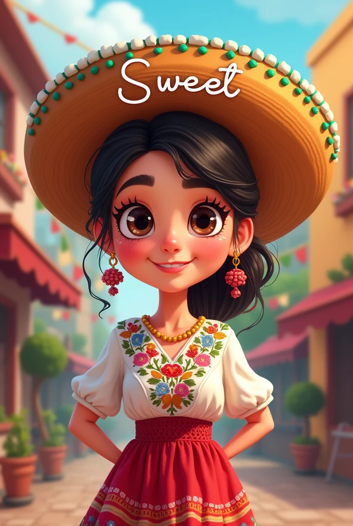 Young cartoon woman wearing Mexican national holiday dress, On the hat put a text on the front with the name of "Sweet"