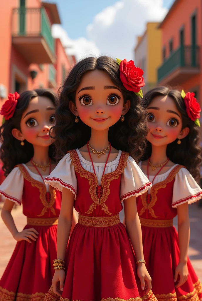 Three girls dressed alike in a red dress, skirt and white top in the Mexican mariachi style, the child in the center medium hair ,up to the shoulder with lots of curls and a red rose on the head holding it , eyes browns , skin fair , the two children at the end are identical , gêmeas loiras eyes browns e skin fair com o fundo do filme viva a vida é uma festa da Disney Pixar com caveirinhas mexicanas dançando