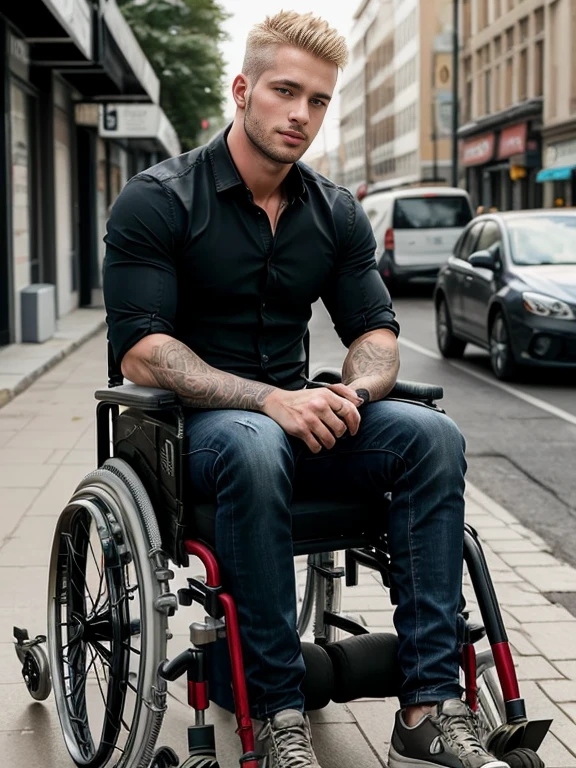 Handsome blond man, He is a wheelchair user, is sitting in a wheelchair with his hand on the wheels, paralyzed legs, he has a handsome boyfriend
