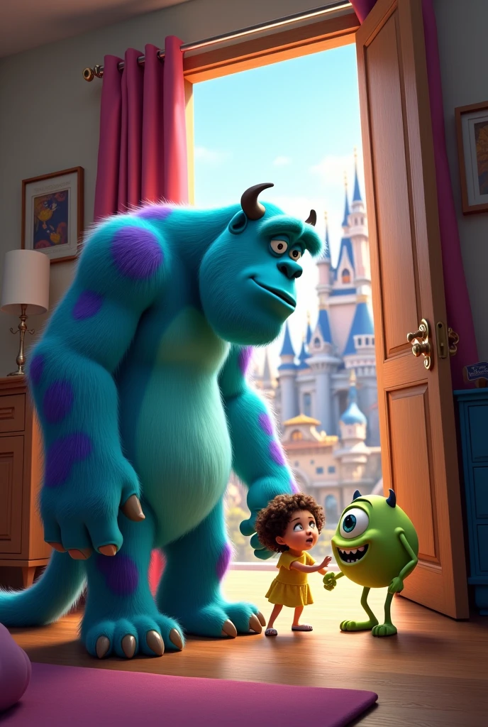 Monsters S.A sullivan, Mike Osalsque, Boo playing in the room and the closet door is opening to Disney World