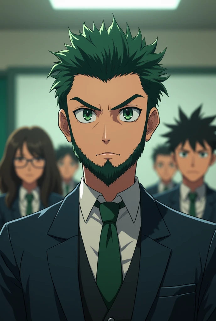 His appearance was intimidating,He was a person of average height and body.,green eyes like most people in the classroom and his short but well-groomed hair, It matched his beard, which was very well defined. , In my opinion, he took great care of his appearance., anime style
