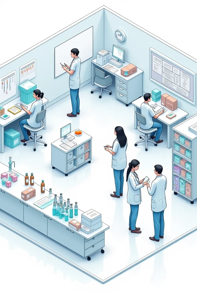 I want the sketch to generate a pharmaceutical image that has all the necessary areas for proper administration of products and supplies.
