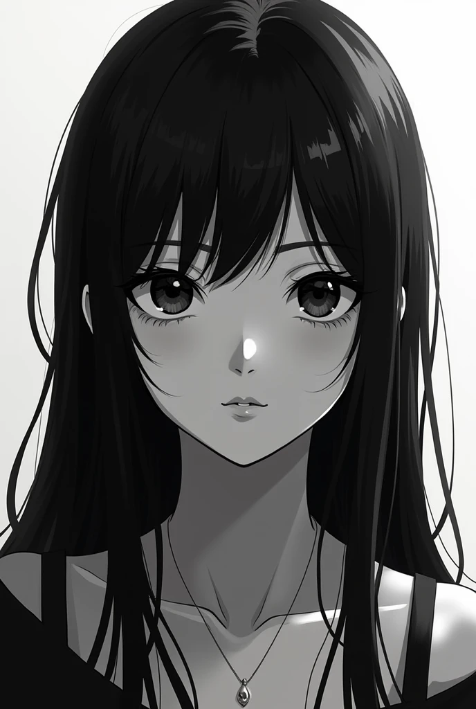 black hair girl, black eyes anime style 2d to black and white