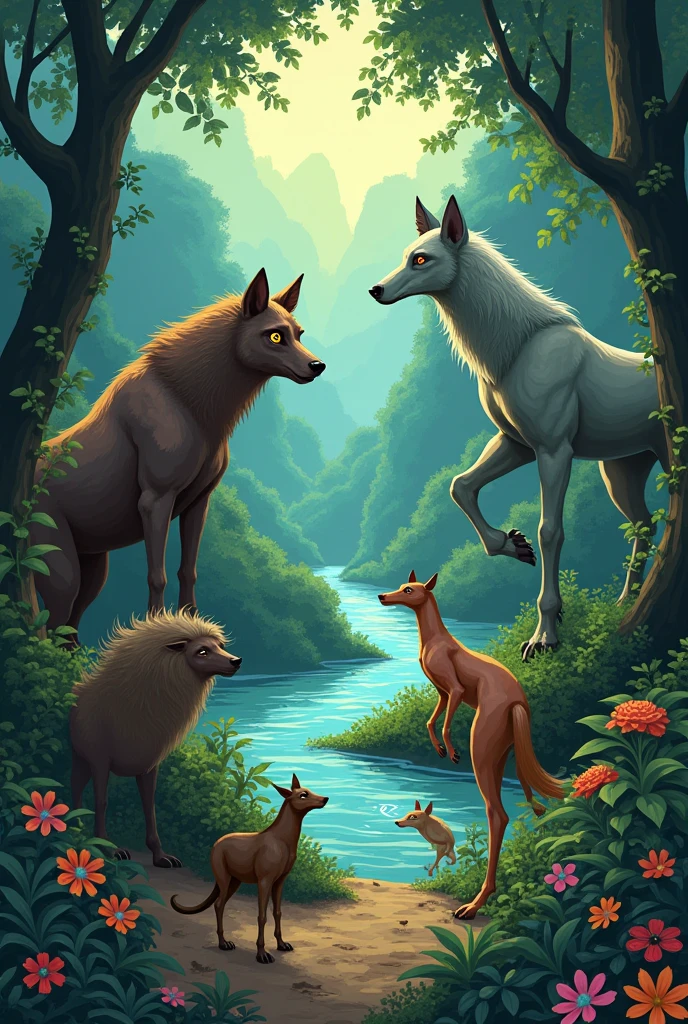 A drawing with the following Brazilian legends: werewolf, headless mule, Curupira, Iara and Saci Pererê
