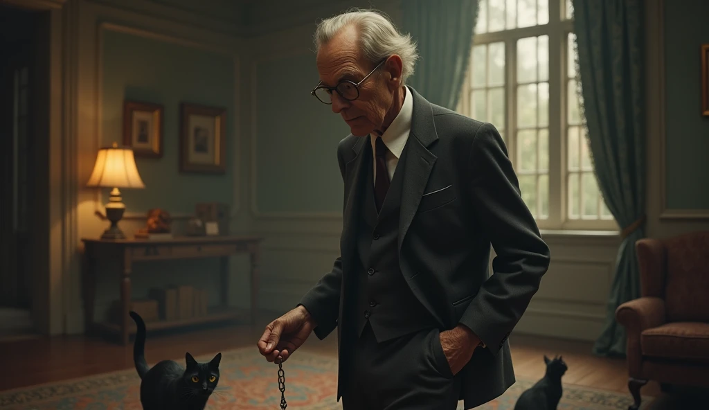 An elderly man named Edgar Cayce, with a serene and contemplative expression, is thin. He has short, dark hair, a little gray, no beard, and wears a classic 1930s suit, with small, square prescription glasses and a discreet tie. Cayce is standing and walking a cat in a large house with 2 cats. The soft, diffuse lighting highlights his face, conveying an aura of wisdom and introspection. The scene has a nostalgic and mysterious tone, reflecting the enigmatic character