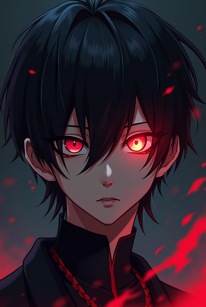 Anime boy god of death, Black hair, covering his left eye, burned blood red 