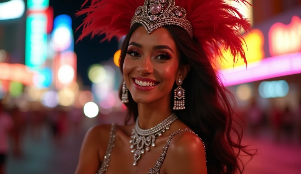 full body, of a stunningly beautiful Salvadorean woman,wearing a Las Vegas showgirl costume,extremely detailed face and eyes, smiling, beautiful long eyelashes,flawless skin,striking makeup,intricate headdress with feathers and sequins,sparkling rhinestone jewelry, on a busy Las Vegas blvd at night, dramatic lighting,cinematic composition,photorealistic,8k,ultra-detailed,masterpiece,cinematic lighting,dramatic shadows,vibrant colors,warm color palette