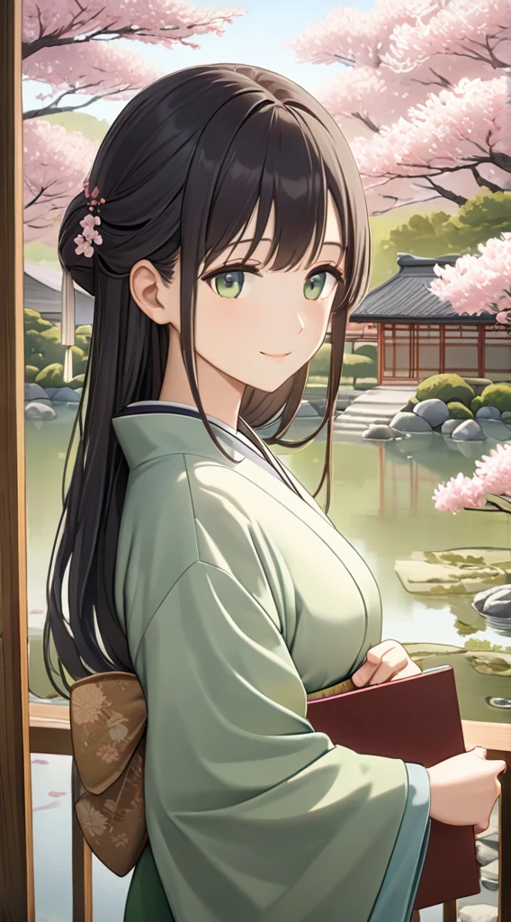 ((masterpiece)), ((Highest quality)), ((High resolution)), ((In detail)),((Highest quality, 8k, masterpiece))Create a digital illustration of a beautiful 1 Japanese woman with a serene and intellectual appearance. She has long, flowing black hair and slightly melancholic eyes, often carrying a gentle smile. She wears a traditional, elegant kimono in soft, muted colors (like pale green or light gray), reflecting her calm and thoughtful personality. Her posture is graceful, and she radiates an aura of quiet strength and wisdom. She holds a book of classical Japanese poetry, symbolizing her deep connection with ancient literature. In the background, there’s a subtle, traditional Japanese garden with a hint of cherry blossoms, adding to the peaceful atmosphere. The lighting is soft, with a warm glow that highlights her gentle features, emphasizing her role as a nurturing and protective older sister.