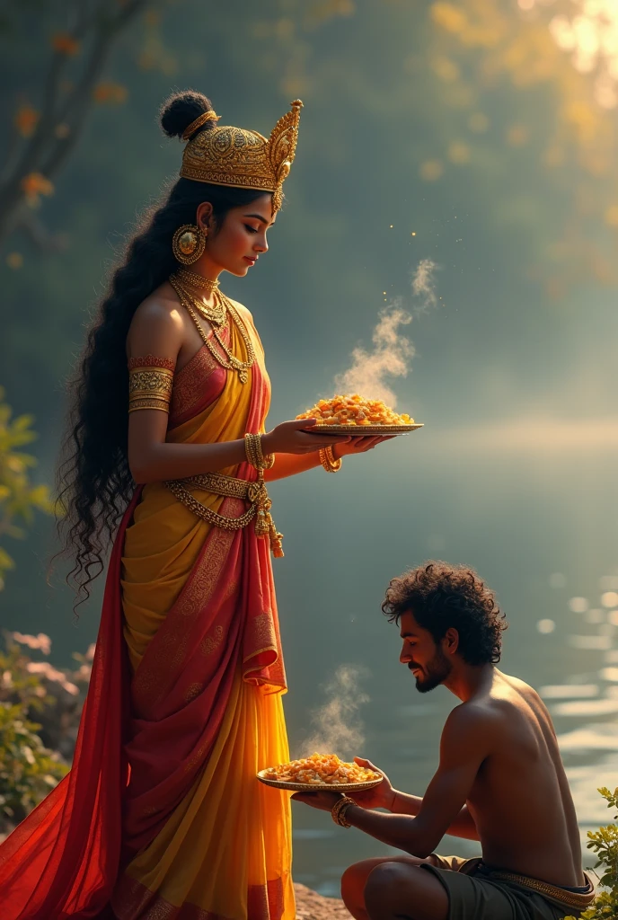 Cool cinematic animated character art, Silhouette of indian godess of food Annapoorna giving food in a golden plate to a poor male beggar, beggar bowing in respect, godess wearing Gold and red saree, golden jewellery, ancient golden crown, smiling expression, glowing particles in atmosphere, river Ganga in background, early morning, darkness in atmosphere, mysterious vibe, colour graded, vibrant, 4khd