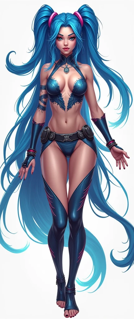 A (((full-body))), ((ultra-detailed)), ((masterpiece)) fantasy art ((illustration)) of (((Jinx))), a ((League of Legends)) character, in the style of the video game. Her (((whole body from head to toe))) is shown, including her bare feet.
