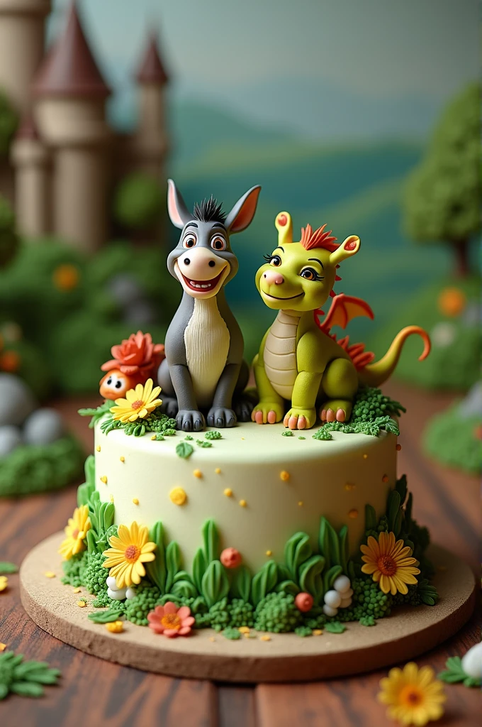 A cake with the style of the Shrek series that has the donkey and the dragon as characters. I need it to be HD, a small cake.