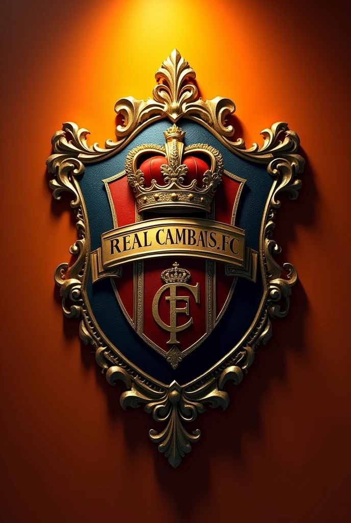 Generates a very detailed royal-related football shield with a crown in orange colors, black and a light yellow and the shield says REAL CAMBAS FC spelled correctly