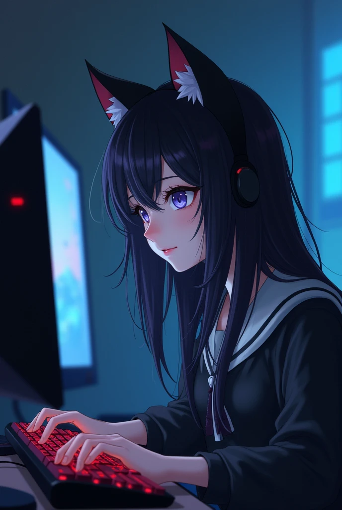 Gamer girl in a hood with cat ears ,with dark hair just below the shoulders, at the computer , size 9×9