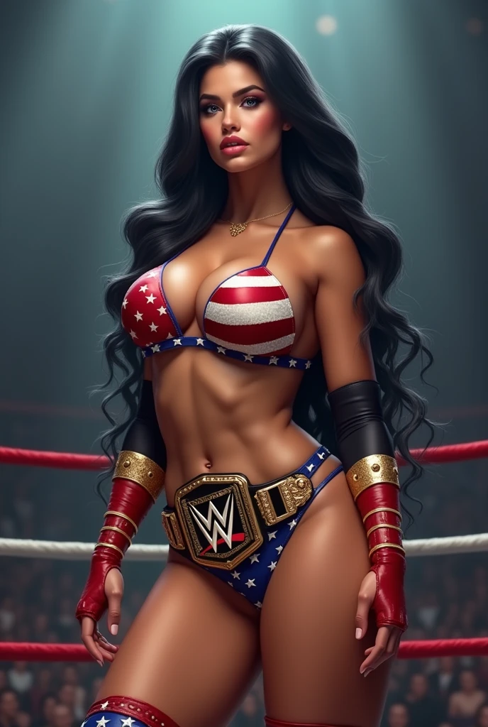 Sexy beautiful wrestler diva busty big tits huge boobs perky fake tits bubble booty black hair glossy bikini with the American flag colors full lips in a ring with logo wwe championship belt. knee pads, elbow pads. Bimbo with big silicone boobs lips and ass, slim waist. thong, G-string. cowboy shot, masterpiece, detailed, Ultra realistic image, realistic photo, HD, highest quality, 8k, 16k