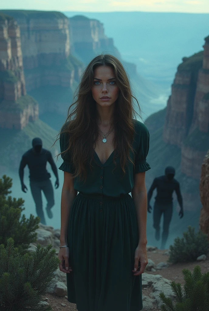 a woman with long hair, brown and wavy is standing in the middle of the Grand Canyon, looking forward with bright blue eyes. Ao redor dela, supernatural creatures are hidden in the shadows, Creating a threatening environment. No fundo, the silhouette of a man trying to reach the woman. The scene combines the natural majesty of the Grand Canyon with a touch of mystery and suspense.. Below we have the title "Huntsees"