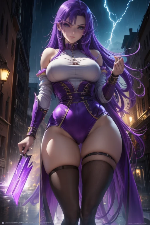 (at night), alone, in a video game scene a background of a beautiful city during the day raining, standing at attention, purple hair, lightning behind her, lightning coming out of her hand ((purple hair)), 1 girl, alone, 20 years old, young woman, perfect hands, beautiful and perfect fingers, long beautiful legs, perfect legs, beautiful body, beautiful nose, beautiful character design, perfect face, look at the viewer with a serious gesture and in a standing position attack (focusing on his face), closed mouth, Light_Smile, official art, extremely detailed CG unity 8k wallpaper, perfect lighting, bright and colorful front lighting, glowing skin (masterpiece: 1.0), (best_quality: 1.0), resolution ultra high, 4K, ultra detailed photography, 8K, HDR, high resolution, nonsense: 1.2, Kodak portra 400, film grain, blurred background, bokeh: 1.2, lens flare, (vibrant_color:1.2), professional photography, (beautiful_face : 1.5), (narrow waist),
