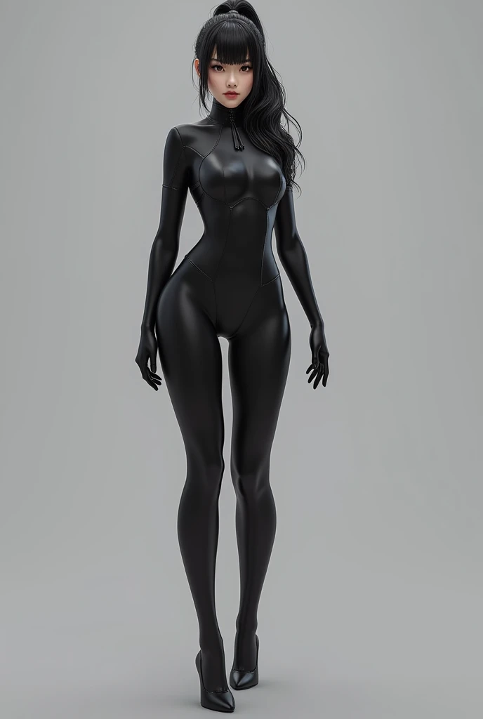 Eve, stellar blade, 8k,highres, 1girl, front lighting, simple background, gray background, looking at the viewer, fitted suit space, bodysuit, black hair and dark black hair, fringe, hair tied in ponytail style, video game, heels, gloves, ass, boobs, honey colored eyes, white skin, korean, small tie