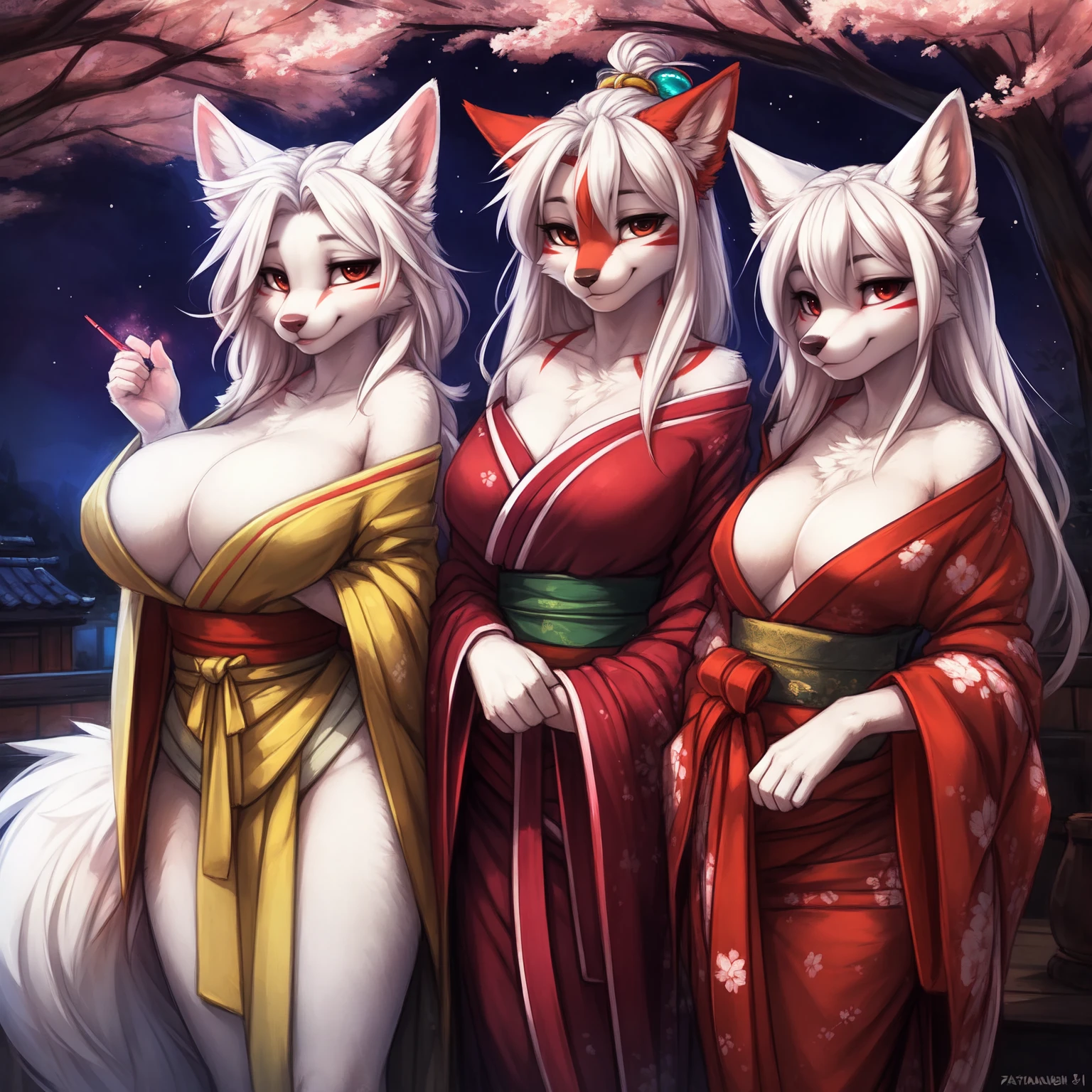 by kenket, Ross Tran, ruan jia, zaush, foxovh, by Zackary911, by hyattlen, by teranen, by fumiko, by Pixelsketcher, by fluff-kevlar, bye r-mk, by Dimwitdog, Furry, Anthro, ((mother and daughters)), BREAK, First Daughter: ((oiran), prostitute, (luxurious off-shoulder kimono), female white fox with red markings, kemono, (small breasts), long (elegant) white hair, white fur, young girl, cute, revealing outfit, innocent expression, alluring eyes, looking at viewer, red markings on body, white fur, traditional japanese, magic fantasy, small, slender, (young)), BREAK, Second Daughter: ((oiran), prostitute, (luxurious off-shoulder kimono), female white fox with red markings, kemono, (small breasts), short (elegant) white hair, white fur, young girl, cute, revealing outfit, innocent expression, alluring eyes, looking at viewer, red markings on body, white fur, traditional japanese, magic fantasy, small, slender, (young)),BREAK, Mother: ((geisha), prostitute, (luxurious off-shoulder kimono), female white fox with red markings, kemono, ((huge breasts)), long (elegant) white hair, hourglass body, revealing outfit, seductive, alluring eyes, looking at viewer, red markings on body, white fur, traditional japanese, magic fantasy, white fur, (mature), milf, tall, curvy), BREAK, outdoors, cherry blossoms, nighttime, tugging on own clothes, ((3 anthro women)), (3 people), (multiple people), one mother and two daughter, size difference,