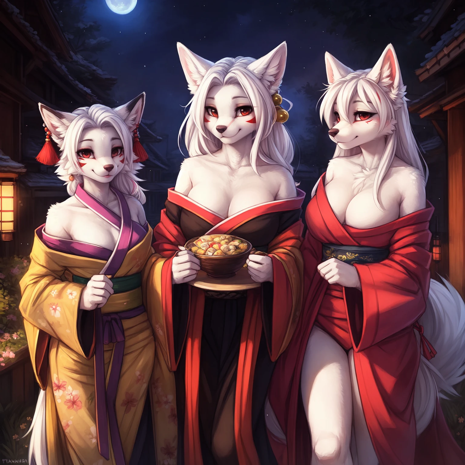by kenket, Ross Tran, ruan jia, zaush, foxovh, by Zackary911, by hyattlen, by teranen, by fumiko, by Pixelsketcher, by fluff-kevlar, bye r-mk, by Dimwitdog, Furry, Anthro, ((mother and daughters)), BREAK, First Daughter: ((oiran), prostitute, (luxurious off-shoulder kimono), female white fox with red markings, kemono, (small breasts), long (elegant) white hair, white fur, young girl, cute, revealing outfit, innocent expression, alluring eyes, looking at viewer, red markings on body, white fur, traditional japanese, magic fantasy, small, slender, (young)), BREAK, Second Daughter: ((oiran), prostitute, (luxurious off-shoulder kimono), female white fox with red markings, kemono, (small breasts), short (elegant) white hair, white fur, young girl, cute, revealing outfit, innocent expression, alluring eyes, looking at viewer, red markings on body, white fur, traditional japanese, magic fantasy, small, slender, (young)),BREAK, Mother: ((geisha), prostitute, (luxurious off-shoulder kimono), female white fox with red markings, kemono, ((huge breasts)), long (elegant) white hair, hourglass body, revealing outfit, seductive, alluring eyes, looking at viewer, red markings on body, white fur, traditional japanese, magic fantasy, white fur, (mature), milf, tall, curvy), BREAK, outdoors, cherry blossoms, nighttime, tugging on own clothes, ((3 anthro women)), (3 people), (multiple people), one mother and two daughter, size difference,