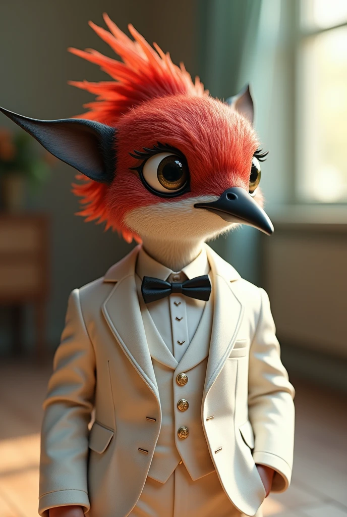 Hummingbird child red and black feathers wearing white suit pixar