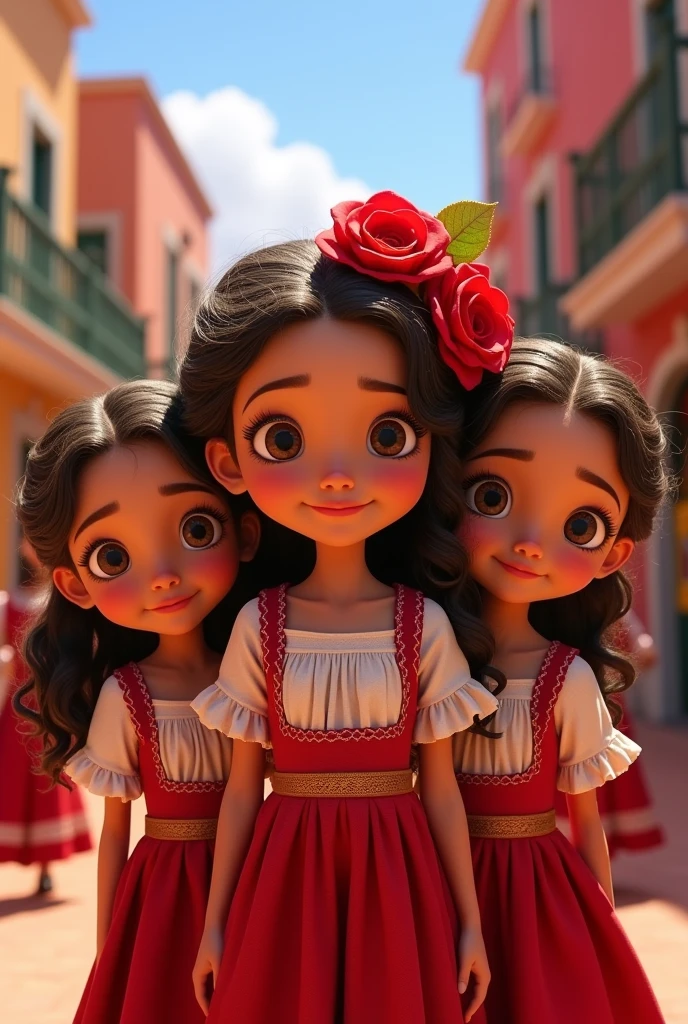 Three girls dressed alike in a red dress, skirt and white top in the Mexican mariachi style, the child in the center medium hair ,up to the shoulder with lots of curls and a red rose on the head holding it , eyes browns , skin fair , the two children at the end are identical , gêmeas loiras cabelos amarelos eyes browns e skin fair com o fundo do filme viva a vida é uma festa da Disney Pixar com caveirinhas mexicanas dançando