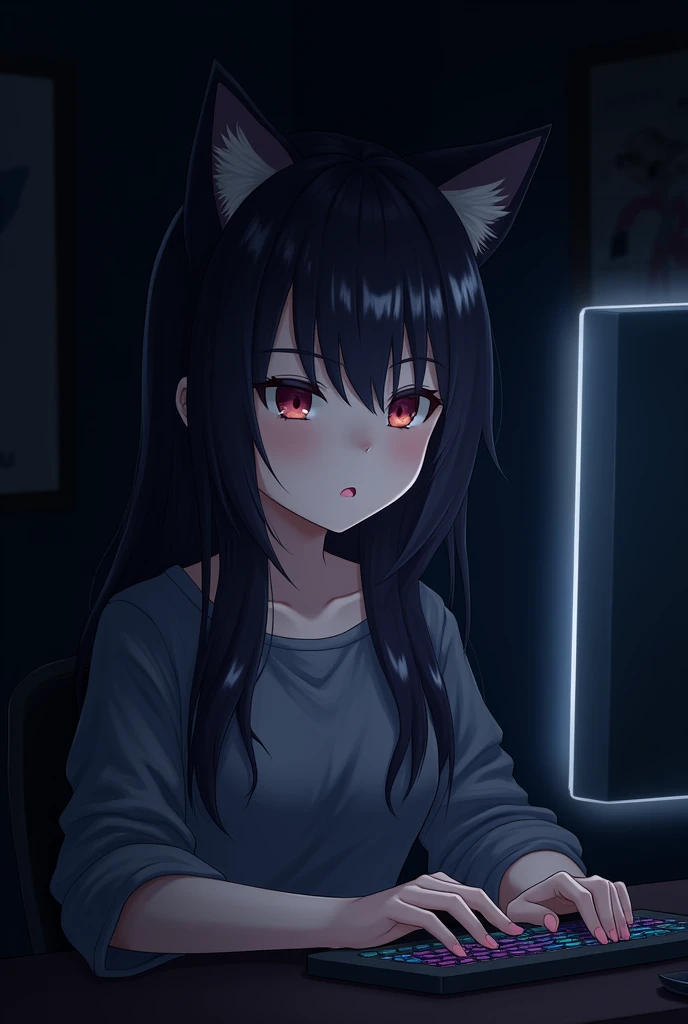 Gamer girl in a hood with cat ears ,with dark hair just below the shoulders, at the computer , size 9×9