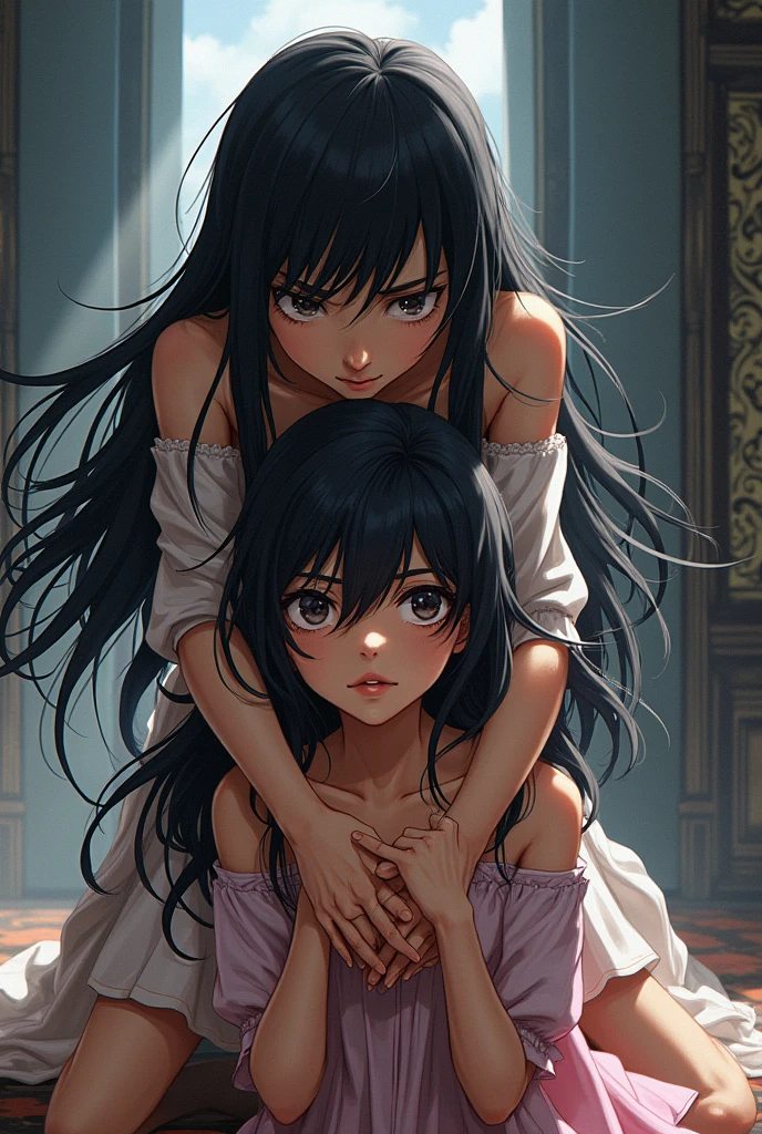 Create an image of two sisters, One is grabbing me by the hair to get me to kneel before her Anime style