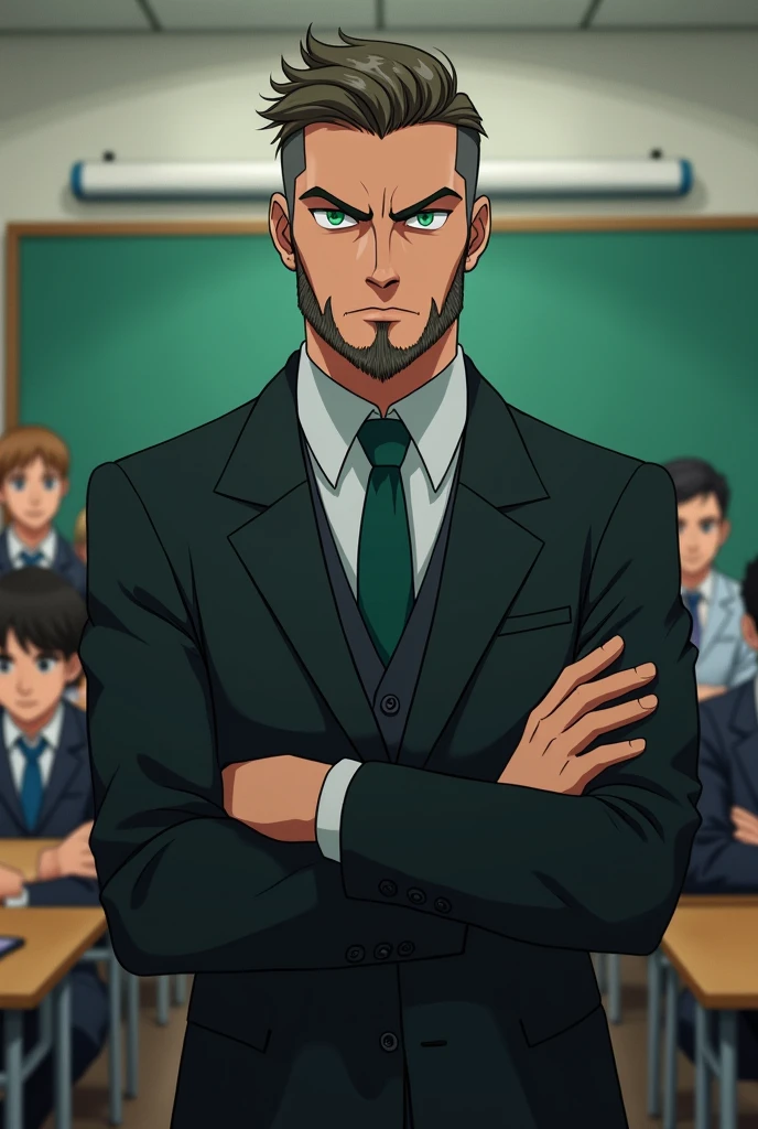 This teacher&#39;s appearance was intimidating.,He was a person of average height and body.,green eyes like most people in the classroom and his short but well-groomed hair, It matched his beard, which was very well defined. , In my opinion, he took great care of his appearance., anime style
