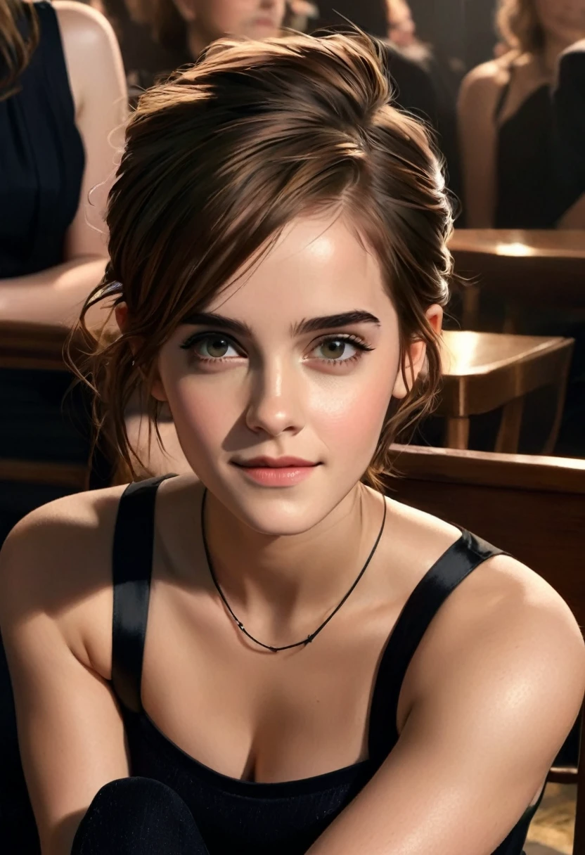 1girl, ((upper body, looking at camera)), Emma Watson, ((Looking interested!! Looking amused!! Smug. Wicked grin)). (Seated, facing camera). Masterpiece, top quality, best quality, beautiful eyes, perfect eyes, muscular, attractive, crop top.