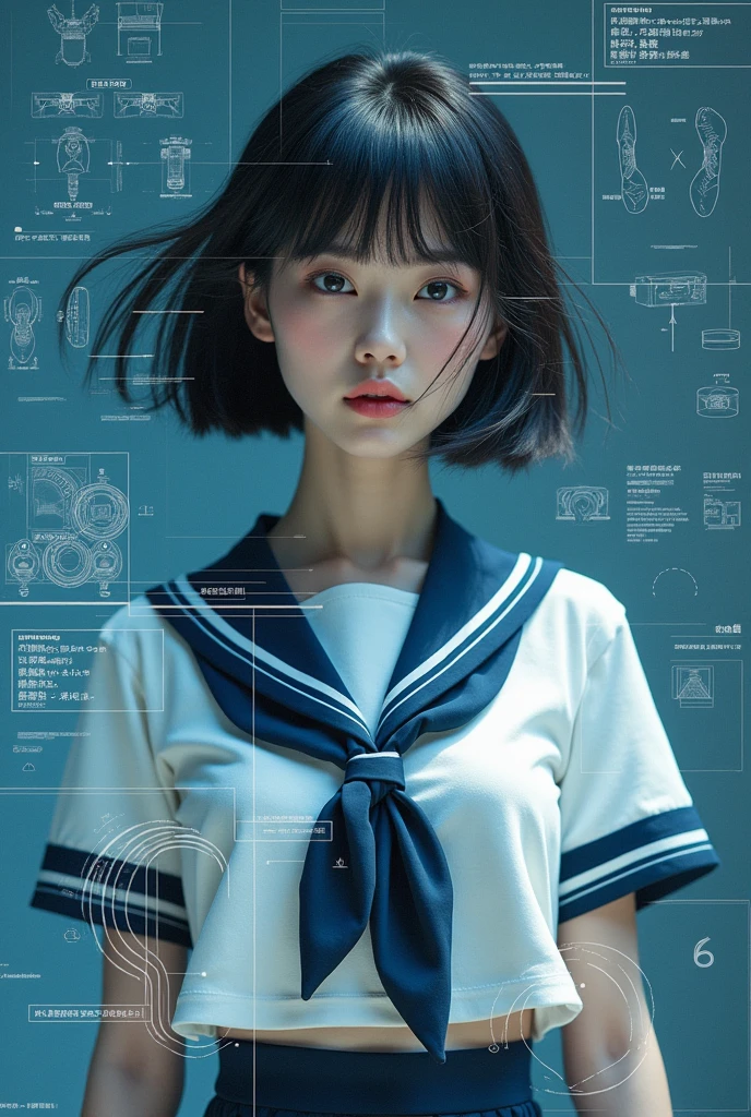 Multiple exposure of drawing and person, Create digital collage style images with multiple overlapping elements, (masterpiece:1.2, Superior Quality,mirror-like, Cinematic Experience, Realistic:2.0, RAW Photos:2.0,Very detailed), 8k, wallpaper, (Representing blueprints through holograms:2.0), (Beautiful woman:2.0), Female Cyborg, (Female Cyborgの設計図:2.0), (Draw a back view:2.0), (Avant-garde design:2.0), (Drawing out detailed designs:2.0), (Numerous notes on configuration:2.0), Portrait of a Japan woman:1.21, School uniforms, Sailor uniforms from famous Tokyo Metropolitan High Schools:1.21, Short sleeve clothing, white short sleeve sailor uniform:1.21, sera fuku:1.21, The upper body is wearing a uniform:1.21, Navy Skirt, Brown Hair, Bob Cut Hair, Symmetrical eyes, Very detailed目, Beautiful hair blowing in the wind, Dark blue background with blurred digital footprints, 32k UHD resolution, high quality, Professional photography,