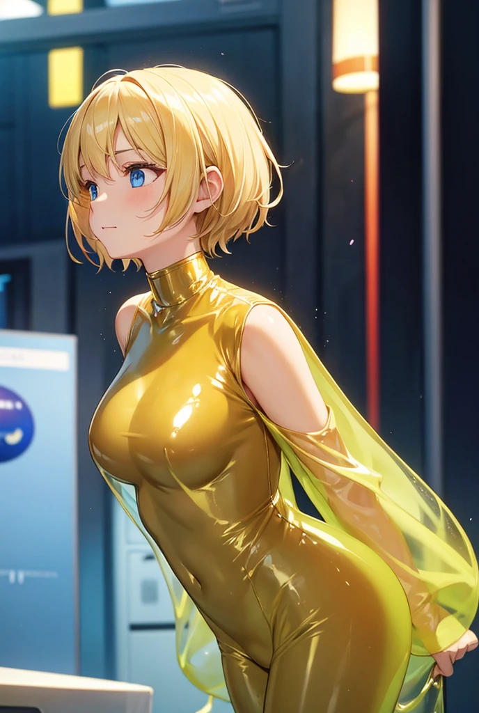 A beautiful girl wearing a slime bodysuit that fits her neck up(20th Generation)Short hair, gentle golden hair, looking away