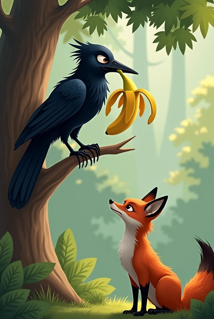 A crow sitting on a tree branch looking down on a fox, the crow has a banana on its mouth, the crow is biting on the banana, there is only one banana, there are no multiple banana and only one banana, there is a fox under the tree crow is sitting on, the fox is looking towards the crow with a smug expression, the fox does not has a banana, the fox is not on a tree, the fox is on the ground, there is only 1 fox, there is only 1 crow, the crow has its mouth closed as it is biting the banana, the crow face is looking towards the fox, the tree the crow is sitting is tall, the fox is a bit far away from the crow since the crow is sitting on a tall tree. the crow is biting the banana, the banana is on the crow's beak. (the crow expression looking angry towards the fox), (the crow is facing right and the fox is facing left), (fhe banana is on the crow's beak) ((the crow is sitting on a tree branch)), (the crow's mouth is opening wide), ((the banana looks like it is falling from the crow))