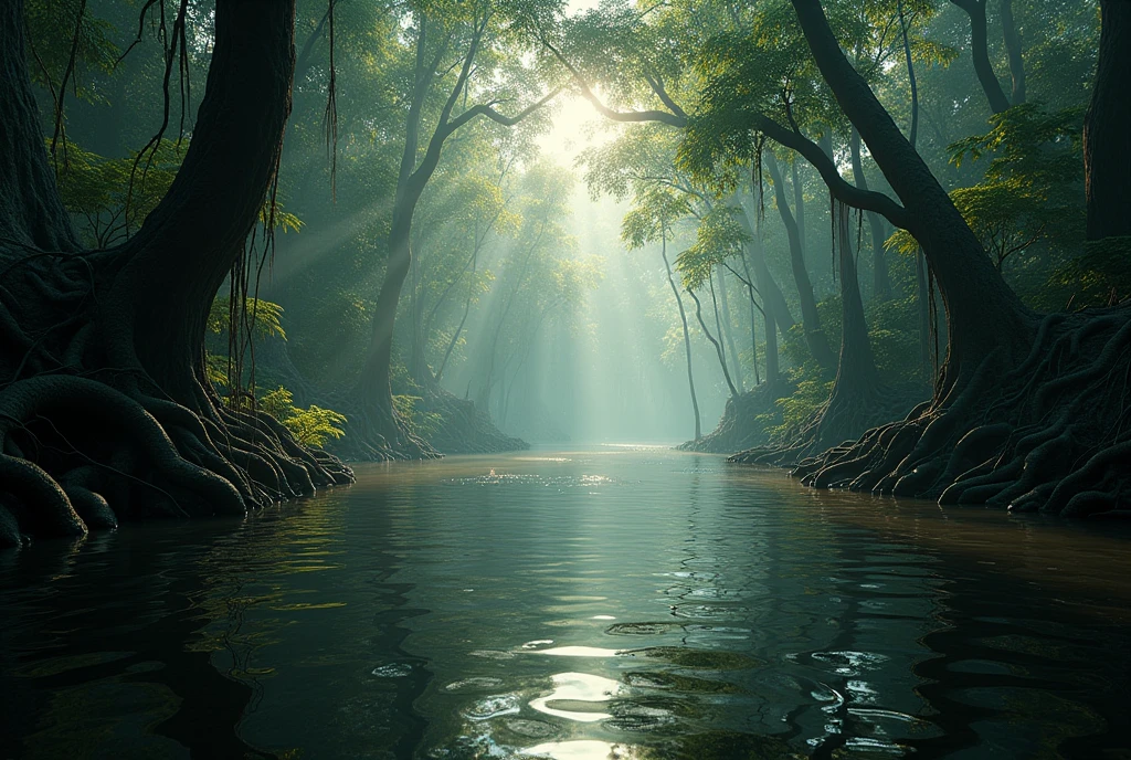 Create a dramatic, AI-generated artwork that captures the intense atmosphere of an Amazon jungle lake. The scene takes place in the murky waters of a dense Amazon rainforest, with lush vegetation and twisted roots surrounding the lake.

The environment should be atmospheric and tense, with dramatic lighting filtering through the jungle canopy, casting deep shadows and highlighting the mysterious, untouched wilderness. Use rich, earthy tones to capture the textures of the surrounding environment, creating a sense of danger and primal energy.

The style should be highly realistic, with meticulous attention to detail in the depiction of the splashing water, the twisted roots, and the dense jungle. The background should add to the intensity, with the dense foliage and murky water contributing to the dramatic mood.

The final artwork should be a high-resolution, visually striking piece that conveys the raw, untamed beauty of nature, evoking a sense of awe and respect for the wildness of the Amazon rainforest.

