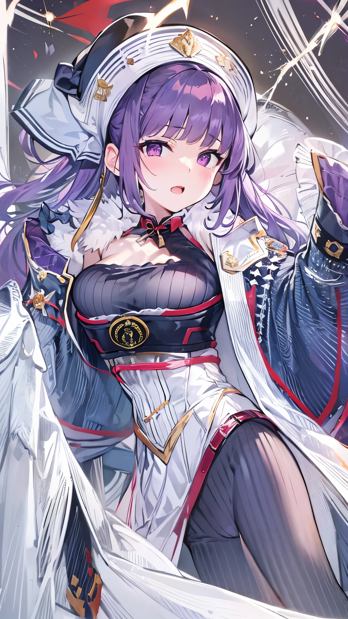 NSFW,masterpiece,Highest quality,High resolution,Very detailed,Helena Blavatsky\(Fate/grandorder\)、Purple Hair、short hair、（Purple eyes：1.1）、Shoulder Bare、belt、beret、ribbon、- Detachable collar、Removable sleeves、hat、leotard、紫色のhat、紫色のleotard、赤いbelt、白いribbon、White sleeves、