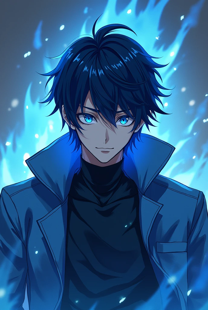 a anime character like sung jin woo with blue eyes  with poker face and aura around the body photo size square 