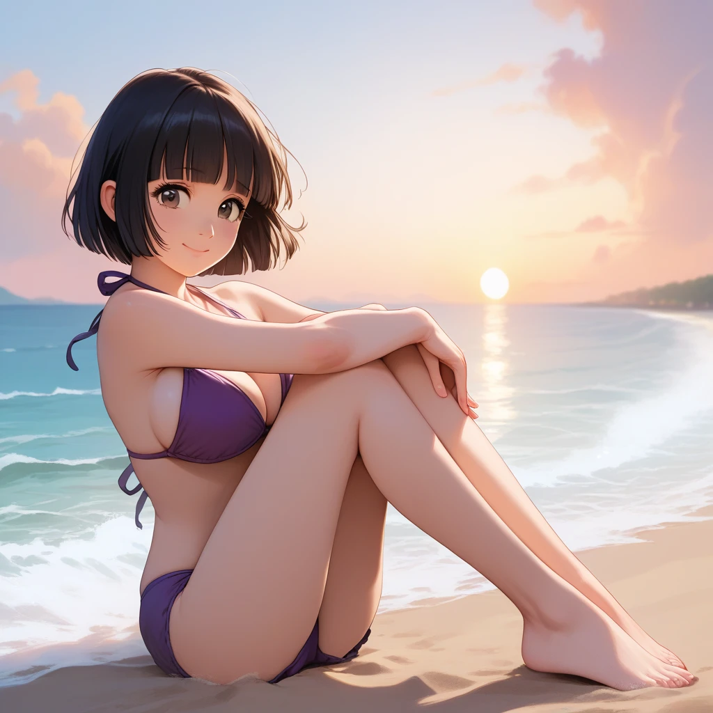 score_9,score_8_up,score_7_up,masterpiece,highest quality, source_anime, realistic, super detailed, extreme detailed, rating_safe,
1girl, sitting on sand, hugging own legs,
BREAK girl, 22yo, short hair, bob cut, (blunt bangs), black hair, (tareme, detailed cute brown eyes), curled eyelashes, (large breasts:0.9),
shiny hair, beautiful detailed eyes, beautiful face,
bikini, sad smile,
beach, high waves, (sunset, twilight:1.2),