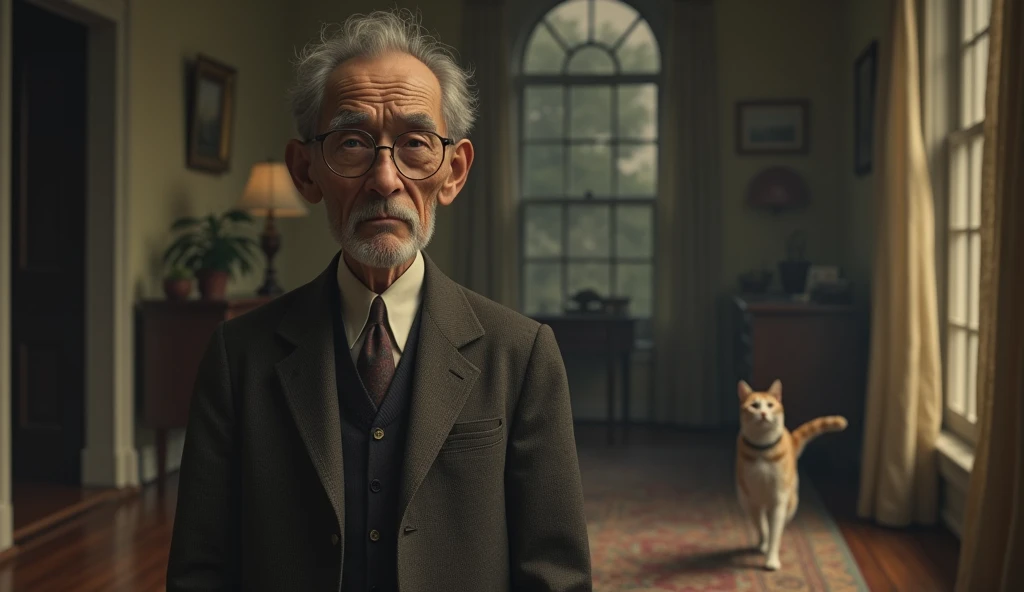 An elderly man named Edgar Cayce, with a serene and contemplative expression, is thin. He has short, dark hair, a little gray, no beard, and wears a classic 1930s suit, with small, square prescription glasses and a discreet tie. Cayce is standing and walking a cat in a large house with 2 cats. The soft, diffuse lighting highlights his face, conveying an aura of wisdom and introspection. The scene has a nostalgic and mysterious tone, reflecting the enigmatic character