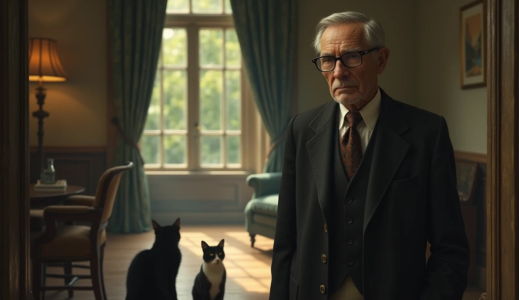 An elderly man named Edgar Cayce, with a serene and contemplative expression, is thin. He has short, dark hair, a little gray, no beard, and wears a classic 1930s suit, with small, square prescription glasses and a discreet tie. Cayce is standing and walking a cat in a large house with 2 cats. The soft, diffuse lighting highlights his face, conveying an aura of wisdom and introspection. The scene has a nostalgic and mysterious tone, reflecting the enigmatic character