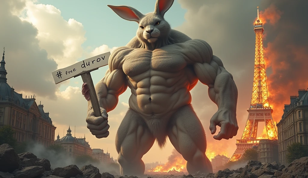 Rocky Rabbit with a six-pack body and a very tall height destroys the city of Paris, the buildings collapse due to the power of Rocky Rabbit, dust and smoke rise and the Eiffel Tower catches fire, there is a sign in Rocky Rabbit's hand that says # FREE DUROV