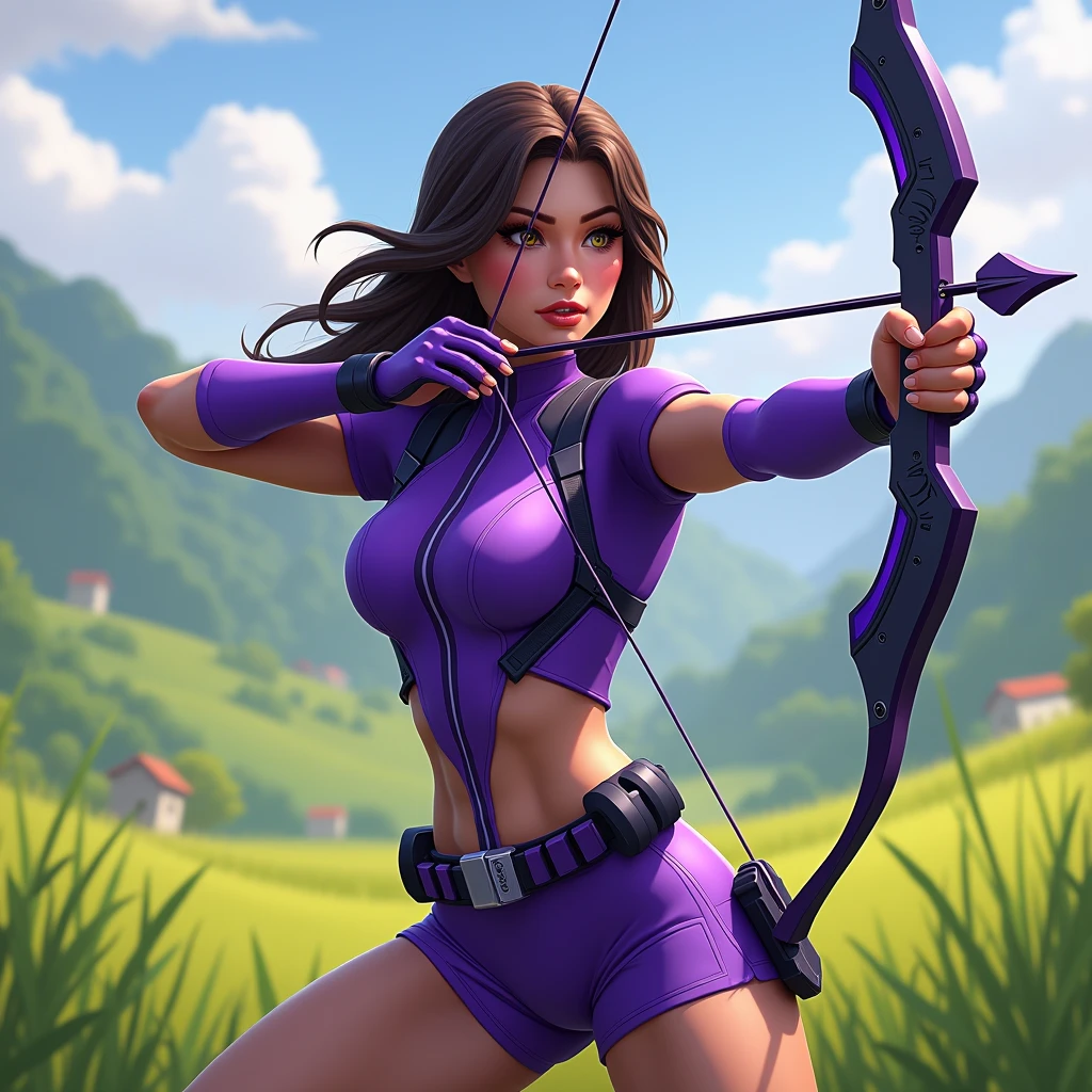 Power Head, Cute female purple rangers wearing a purple sports shirt holding an arrow in the field