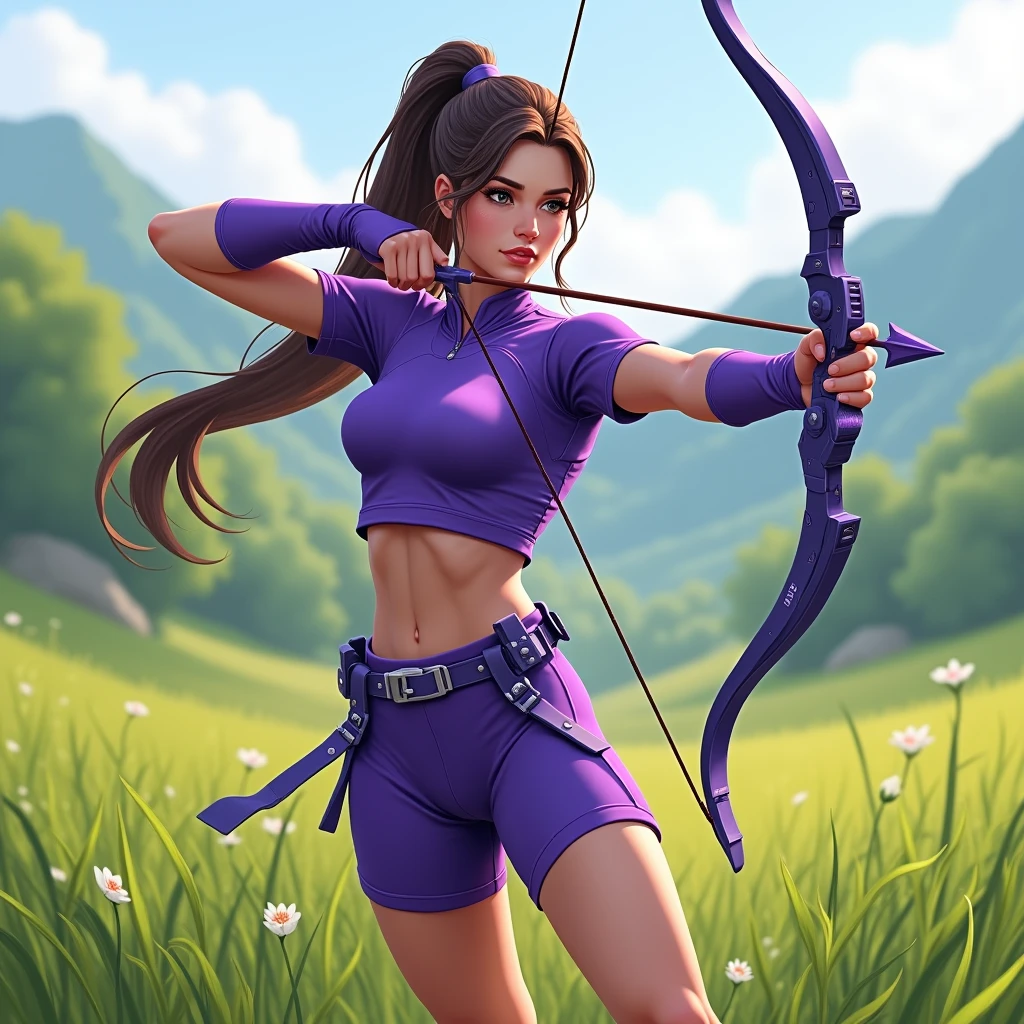 Power Head, Cute female purple rangers wearing a purple sports shirt holding an arrow in the field