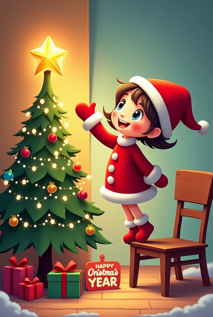 A in a Christmas costume stands on a chair with one foot to put the star, holding it in his hand to put it on the Christmas tree. Joy, vector cartoon and a sign with the words happy new year