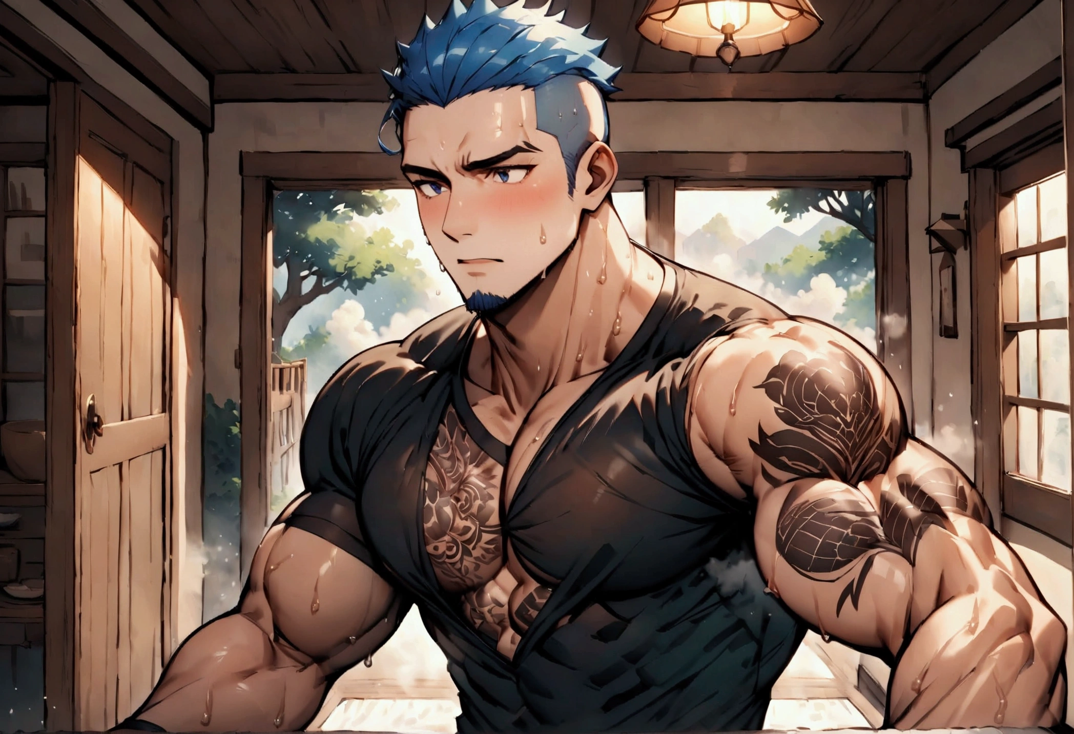 Highest quality、masterpiece、pov shot、(muscular male:1.2)、(father:0.5)、独奏、Shaved head、Blue Hair、(sweat:1.3)、steam、tattoo on chest、tattoo on leg、The upper body is a tight black shirt、The lower half is green shorts、shoot from front、Inside the house、Getting ready to go out、I'm excited