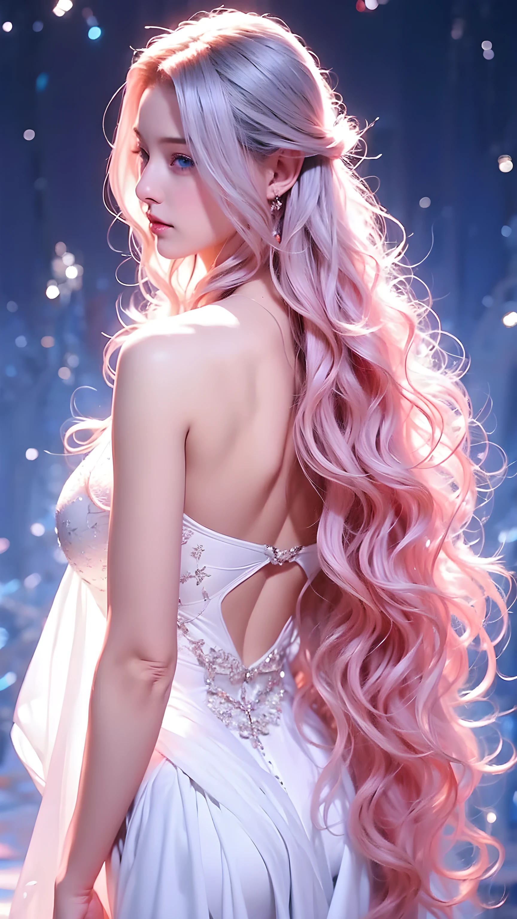 miss, Long wavy hair, Pink Hair, blue eyes, Elf, Back, Sexy curves, Practice Dressing, Jewelry, White and silver dress, fine, bold, Dark ballroom scene, 