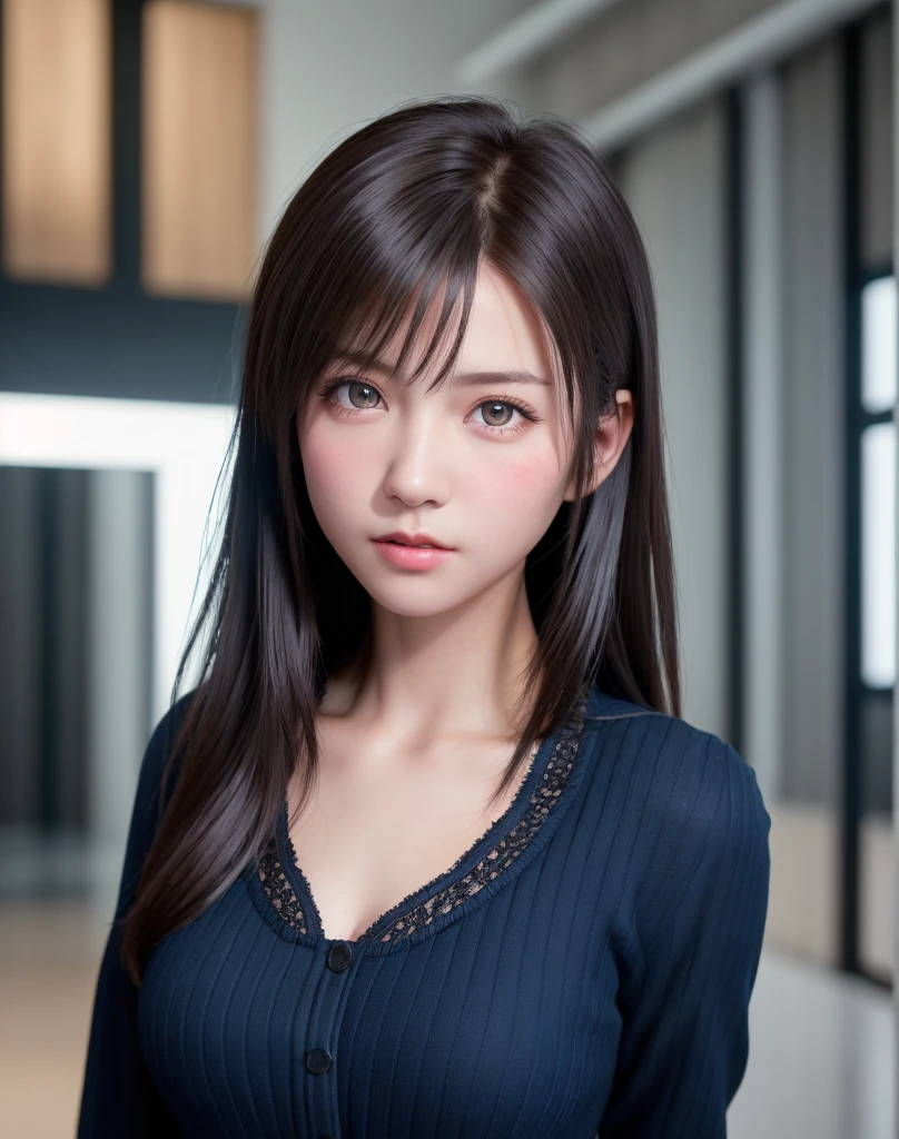 (Black Riders Jacket:1.1), (masutepiece, Best Quality, Pretty girl, Beautiful face, 8K, Raw photo, Photorealistic, absurderes:1.2), teens, Cowboy Shot, Dutch Angle, face lights, Film grain, chromatic abberation, hight resolution, ultra-detailliert, finely detail, Light blue ruffled lace dress, Detailed skin, eyes and face, Sharp pupils, Realistic pupils, Sharp Focus, Street